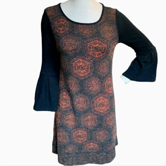 Aryeh BOHO Mod Knit Dress Bell Sleeve Geometric Print Sz S Black Multicolor #20E - Picture 1 of 8